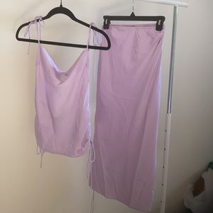 Lilac jlux label satin tie shoulder cowl neck top and scrunch side skirt set